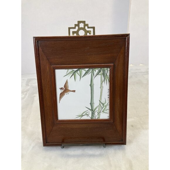 Vintage Signed Chinese Hand Painted Landscape Porcelain Tiles Birds Brass Hanger - Picture 7 of 10